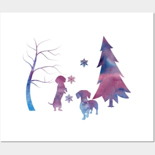 Dachshund Winter Forest Art With Snowflakes Posters and Art